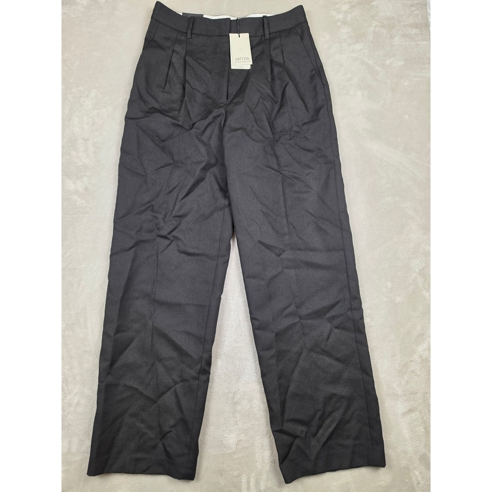 Aritzia The Effortless Pants Women 10 Black Wool High Rise Wide Leg Pleated
